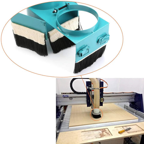 Heavy Duty Cnc Dust Shoe Brush With Thick Nylon Bristles For Vacuum Cleaners And Router Spindles, close-up view and setup in use.
