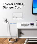 Heavy Duty 10in1 Usb Charging Station With PD 20W Fast Charging Built Damn Tough As A Solid Surge Protector With Six Usb Ports Four AC Outlets And Long Cord For Home Office Grind Zero Hassle Setup showcasing thick cable design compared to thin cord.