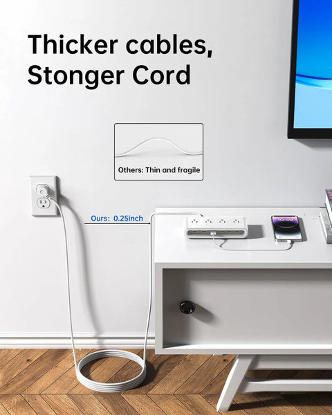 Heavy Duty 10in1 Usb Charging Station With PD 20W Fast Charging Built Damn Tough As A Solid Surge Protector With Six Usb Ports Four AC Outlets And Long Cord For Home Office Grind Zero Hassle Setup showcasing thick cable design compared to thin cord.