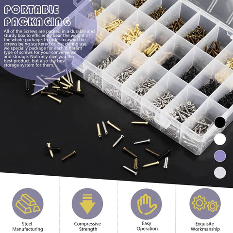 Heavy Duty Assorted Wood Screws Kit With Six Precision Sizes For Badass Diy Workshops Featuring Slick Self Topping Flat Head Fasteners in organized box.