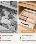 Before and after image of Fabric Drawer Organizer For Intimates And Bras With Six Roomy Compartments Plus Grip Handle Hella Breathable Linen Closet Bin.