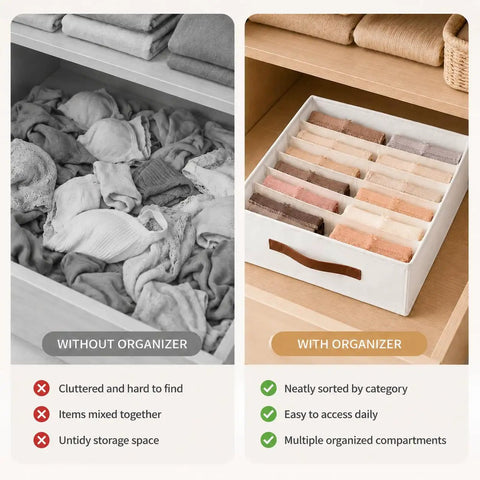 Before and after image of Fabric Drawer Organizer For Intimates And Bras With Six Roomy Compartments Plus Grip Handle Hella Breathable Linen Closet Bin.