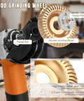 Pro Grade Wood Carving Disc Kit for 4 and 4.5 inch angle grinders with wooden grinding wheel and flange nut visible