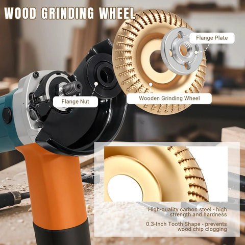 Pro Grade Wood Carving Disc Kit for 4 and 4.5 inch angle grinders with wooden grinding wheel and flange nut visible