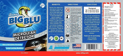 Big Blu Micro Leak Detector 1 Qt packaging; blue label with NSF logo and Refrigeration Technologies branding
