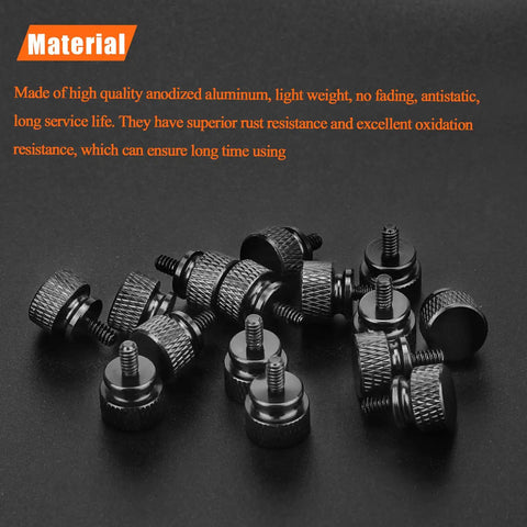 Ten Piece Pack Of 6-32 Thread Black Anodized Aluminum Thumb Screws With A Slick Finger Grip Design Great For Computer Cases Hard Drives And Psu Brackets Built Tough For No Sweat Assemblies Always on a dark background.