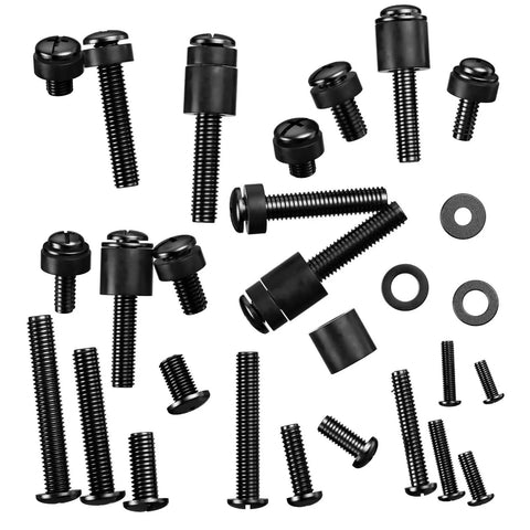 Universal TV Mount Hardware Kit Featuring M4 M5 M6 M8 Screws And Spacers In A Sturdy Organizer Box for black fasteners and washers.