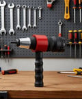 Compact Rivet Nut Tool Kit With Wrench For Mechanics Guys Makes Fastener Install Easy Super Portable And Totally Handy For Any Auto Shop Or Home Project, red drill adapter on workbench