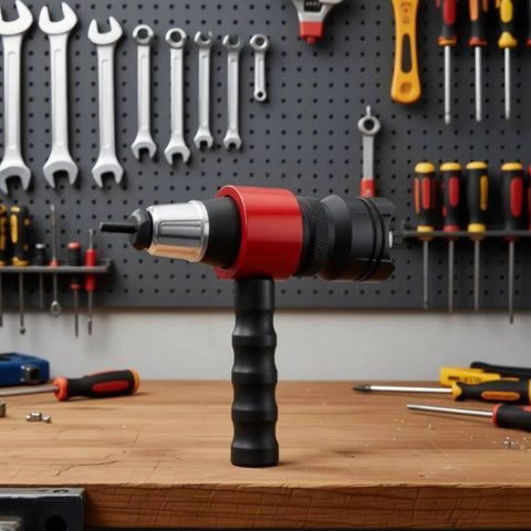 Compact Rivet Nut Tool Kit With Wrench For Mechanics Guys Makes Fastener Install Easy Super Portable And Totally Handy For Any Auto Shop Or Home Project, red drill adapter on workbench