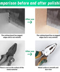 Comparison of wood and metal surfaces before and after using the Top Shelf Compact 90 Degree Vertical Belt Sander With Electric Knife Sharpener Bench Grinder Kit.