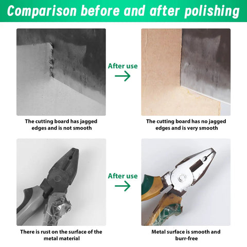 Comparison of wood and metal surfaces before and after using the Top Shelf Compact 90 Degree Vertical Belt Sander With Electric Knife Sharpener Bench Grinder Kit.