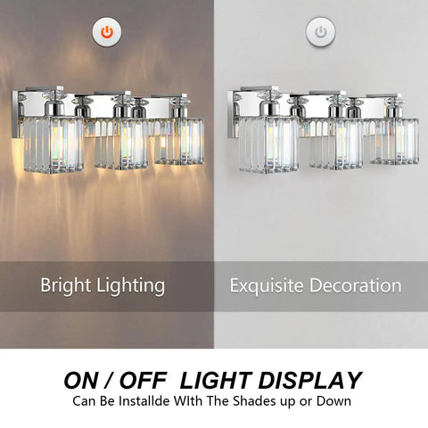 On and off display of Three Light Crystal Bathroom Vanity Light In Chrome Finish, Modern Wall Fixture for bedroom.