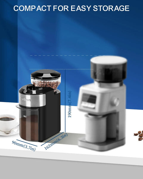 Adjustable 28 Settings Burr Coffee Grinder For Home Use With Stainless Steel Flat Burrs and compact design next to coffee cup.