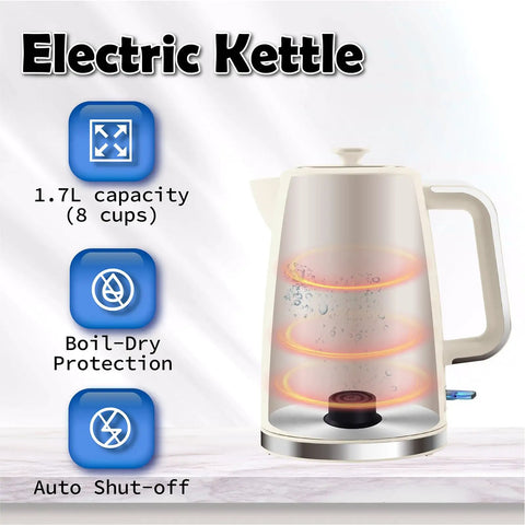 1.7L Electric Kettle With Fast Boil 1200W For Quick Hot Water, beige finish, auto shut off, boil dry protection, 360° design