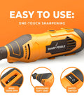 Electric Chainsaw Sharpener Kit With Angle Guide And 4 File Size Wheel Bits For Fast Easy No Sweat Chain Maintenance Includes 120V Tool Wrench And Free Ebook For Any Chainsaw, featuring an orange handheld power tool with safety switch and RPM controls.