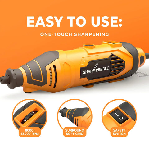 Electric Chainsaw Sharpener Kit With Angle Guide And 4 File Size Wheel Bits For Fast Easy No Sweat Chain Maintenance Includes 120V Tool Wrench And Free Ebook For Any Chainsaw, featuring an orange handheld power tool with safety switch and RPM controls.