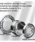 Industrial Grade Slick Precision Harmonic Drive Gear Reducer Rig For Nema17 Nema23 Nema34 Stepper Motors showing circular spline, flexspline, wave generator.