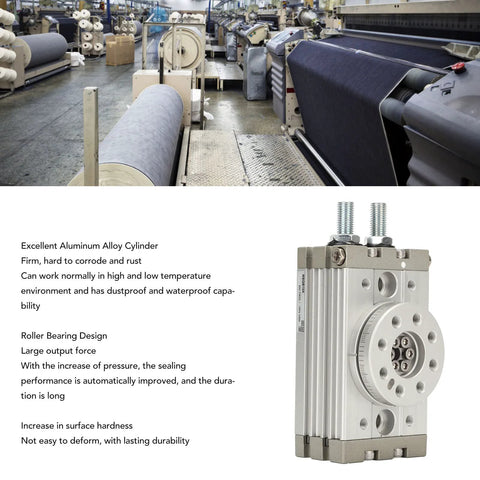 Pneumatic rotary actuator, aluminum body with mounting ports, on industrial textile machinery (MSQB-10A).