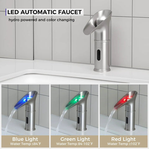LED Waterfall Touchless Bathroom Faucet With Motion Sensor, colorful lighted water stream, nickel finish, displayed in three color modes.