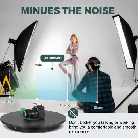 Flyrivergo Large Photography Turntable 24 Inch Rotary Platform With Remote Control For 360 Degree Video Shoots Heavy Duty Up To 330 Lbs Ideal For Products Mannequins And Large Props Seamless Spin on set with a camera.
