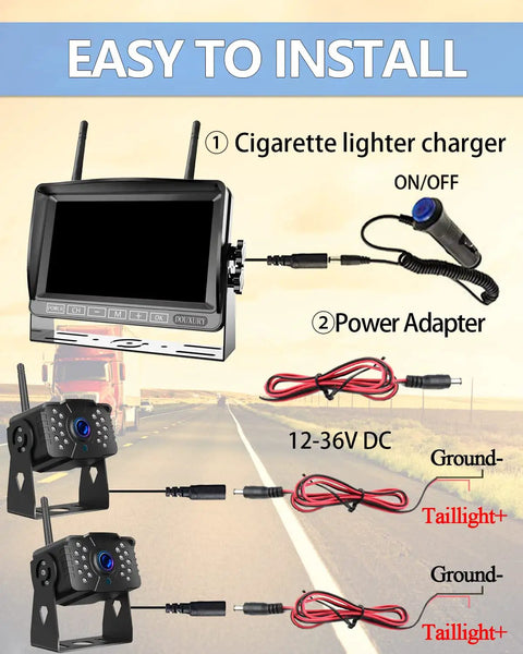 Installation diagram for Wireless 1080P RV Backup Camera System With Dual Antennas, 4 Channel 7 Inch Monitor, IP69K Waterproof