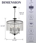 Dimensions and features of Modern Black 24 Inch Farmhouse Crystal Chandelier With 6 Lights, K9 Crystal String Drops, E12 Base shown.