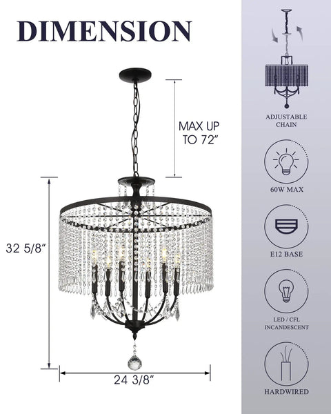 Dimensions and features of Modern Black 24 Inch Farmhouse Crystal Chandelier With 6 Lights, K9 Crystal String Drops, E12 Base shown.