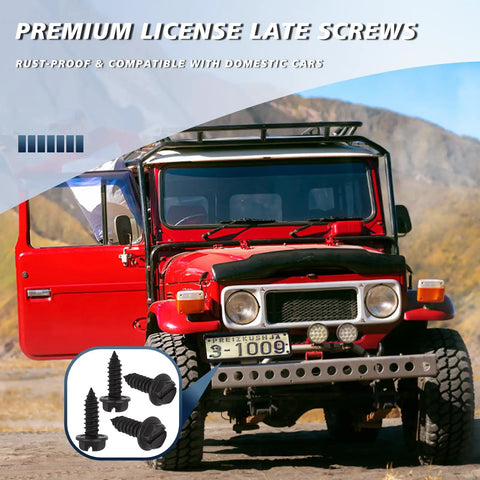 Rustproof License Plate Screws Heavy Duty Bulk Pack 100 Pcs With Anti Rattle Bolts For Front And Rear Plates Eco Friendly Lead Free Nickel Free Domestic Vehicle Fits shown with outdoor SUV.
