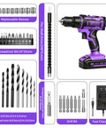 20V Cordless Drill With Fast Charging Battery And Keyless Chuck Purple features drill bits, flex shaft driver, and fast charger.