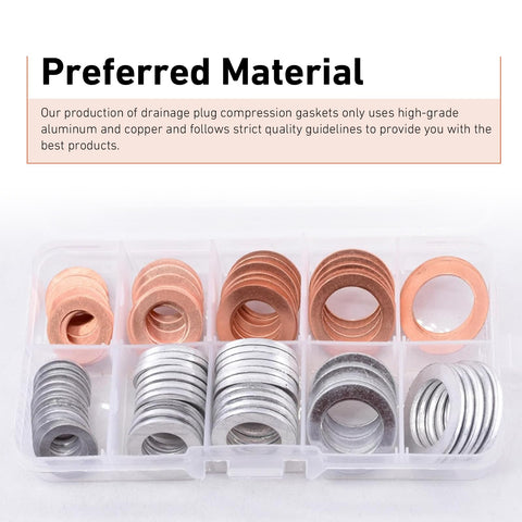 Go To Oil Drain Plug Crush Washer Set For M10 M12 M14 M16 M18 Universal, Copper And Aluminum Gasket Kit in storage box