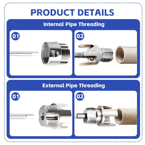 Detailed view of Four In One Water Pipe Wrench And Pipe Tapping Tool Set for 1 inch, 1/2 inch, and 3/4 inch fittings showing threading details.