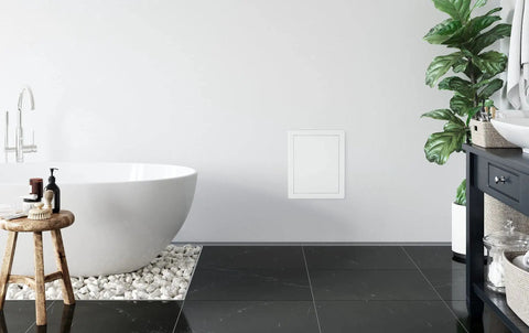 4 X 4 Inch Slick White Abs Plastic Access Panel For Drywall Walls Utility Service Hatch Door displayed in a modern bathroom setting.