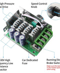 DC Motor Speed Controller PWM Regulator 7 To 70V 30A with capacitors, fuses, and speed control knob