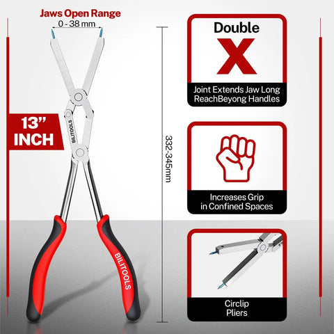 13 Inch Extra Long Internal Snap Ring Pliers With Double Joint Long Reach For Deep Retaining Rings In Housings And Gearboxes Ideal Circlip Pliers For Automotive Snap Ring Removal Tool showing ergonomic grips and jaw range