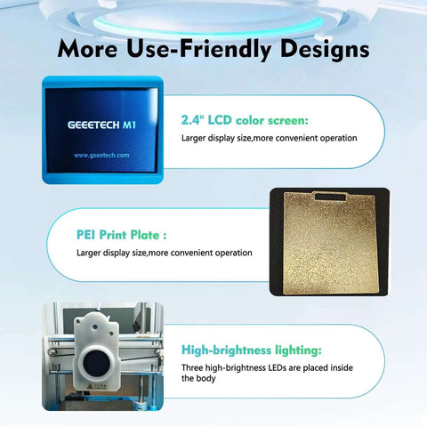 Kid Friendly 3D Printer For Beginners With Auto Leveling and Open Source Fast Printing features 2.4” LCD, PEI print plate, and LED lighting.