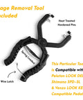 Cage removal tool for Shimano SPD SL pedal set shown with spring-loaded wire latch and compatibility notes.