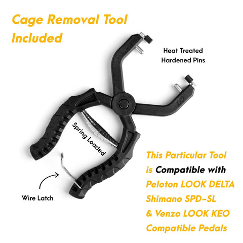Cage removal tool for Shimano SPD SL pedal set shown with spring-loaded wire latch and compatibility notes.
