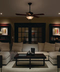 Living room with ceiling fan and wall control for Fan Control And Light Dimmer For Dimmable LEDs Incandescent And Halogen Bulbs