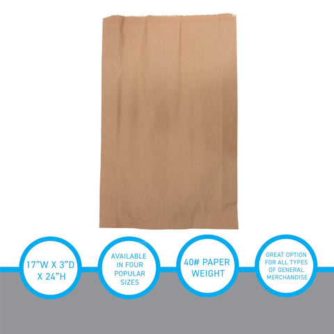 Jumbo Natural Kraft Paper Merchandise Bags 17W X 3D X 24H Bulk Case Of 500 Durable Flat Brown, showcasing size and weight
