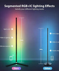 RGB Corner Floor Lamp With Bluetooth App Control and Remote Music Sync showing segmented lighting effects and height comparison.