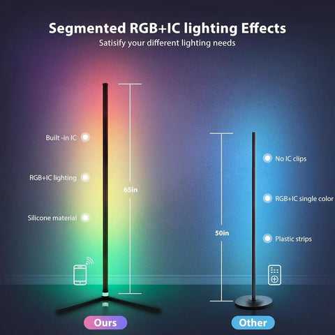 RGB Corner Floor Lamp With Bluetooth App Control and Remote Music Sync showing segmented lighting effects and height comparison.