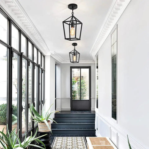 Black 1 Light Pendant Light With Adjustable Chain For Kitchen Island And Dining Room Hallway Entryway And Foyer Modern Industrial Wire Frame Lantern Style Lighting That Looks Ultra Lit installed in hallway