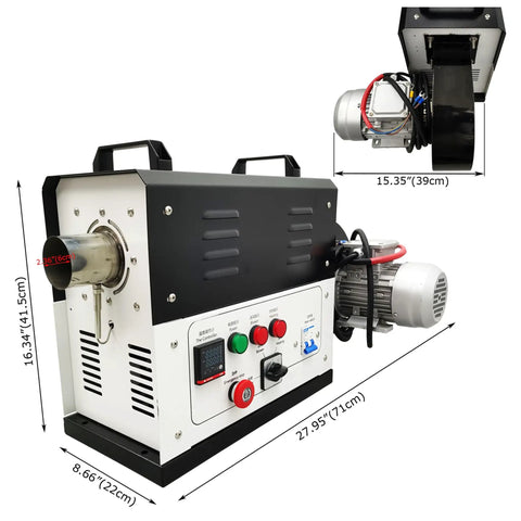 Heavy Duty Industrial Heat Blower Built Tough To Crush Daily Drying Jobs Featuring Three Hundred Cfm Airflow Punch Plus Pid Temperature Control On Standard Two Twenty Hookup side view showcasing control panel and motor components.