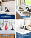 Matte Black Bathroom Sink Faucet 4 Inch Centerset 2 Handle With Pop Up Drain Stopper in various room settings