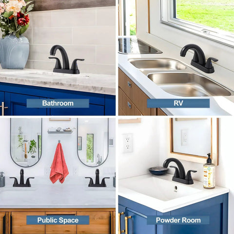Matte Black Bathroom Sink Faucet 4 Inch Centerset 2 Handle With Pop Up Drain Stopper in various room settings