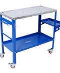 Badass Welding Table 36 By 18 Inches Solid Steel Workbench Handles Up To 1200 Pounds with blue frame and locking casters.
