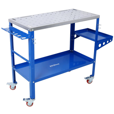 Badass Welding Table 36 By 18 Inches Solid Steel Workbench Handles Up To 1200 Pounds with blue frame and locking casters.