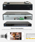 Top Shelf 32 Channel 4K Nvr Security Camera System With 24 Heavy Duty Outdoor Bullet IP Cameras Running Smooth AI Tracking And 5X Motorized Zoom For Rock Solid Night Surveillance network video recorder viewing ports and QR codes.
