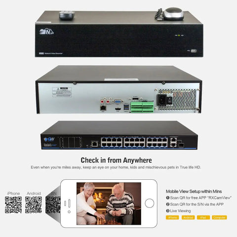 Top Shelf 32 Channel 4K Nvr Security Camera System With 24 Heavy Duty Outdoor Bullet IP Cameras Running Smooth AI Tracking And 5X Motorized Zoom For Rock Solid Night Surveillance network video recorder viewing ports and QR codes.