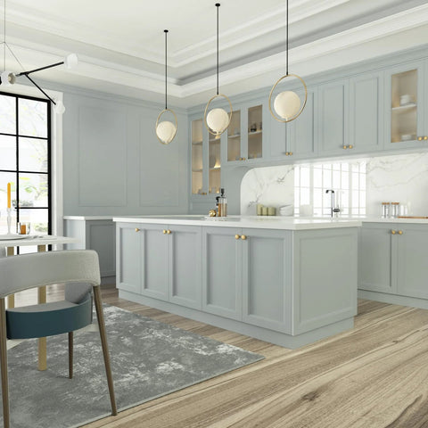 Modern kitchen with Six Pack Gold Dresser Knobs For Drawers And Cabinets Hardware Pulls In Brushed Brass Vintage Luxury Finish.